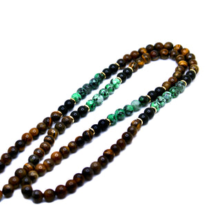 108 Natural Gemstone Yellow Tiger Eye Turquoise Onyx Mala Necklace with Green Silk Tassel - Nolaj Blu