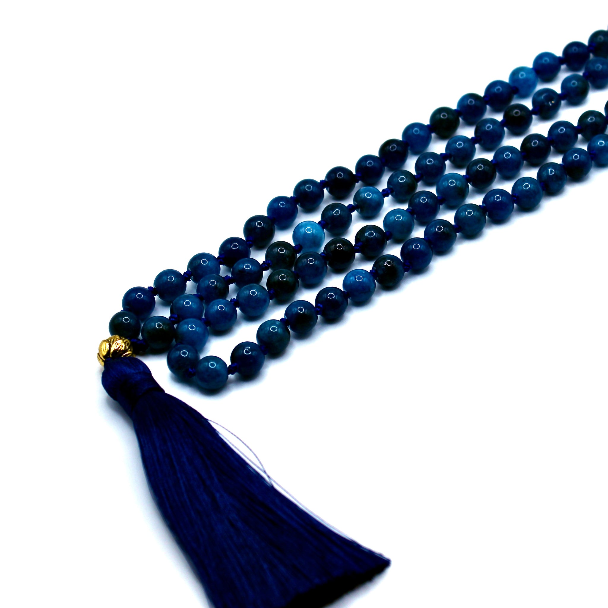 108 Natural Gemstone Blue Apatite Knotted Mala Necklace with Silk Tassel