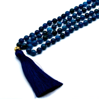 108 Natural Gemstone Blue Apatite Knotted Mala Necklace with Silk Tassel - Nolaj Blu