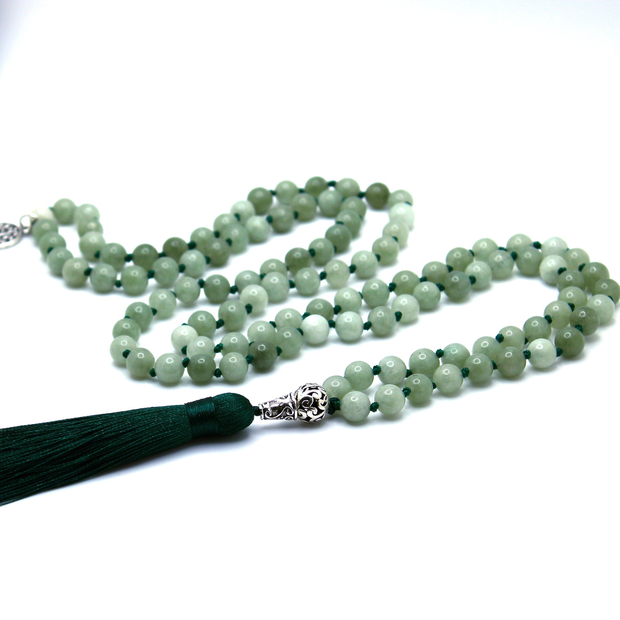 108 Natural Burma Jade Knotted Mala Necklace with Green Silk Tassel