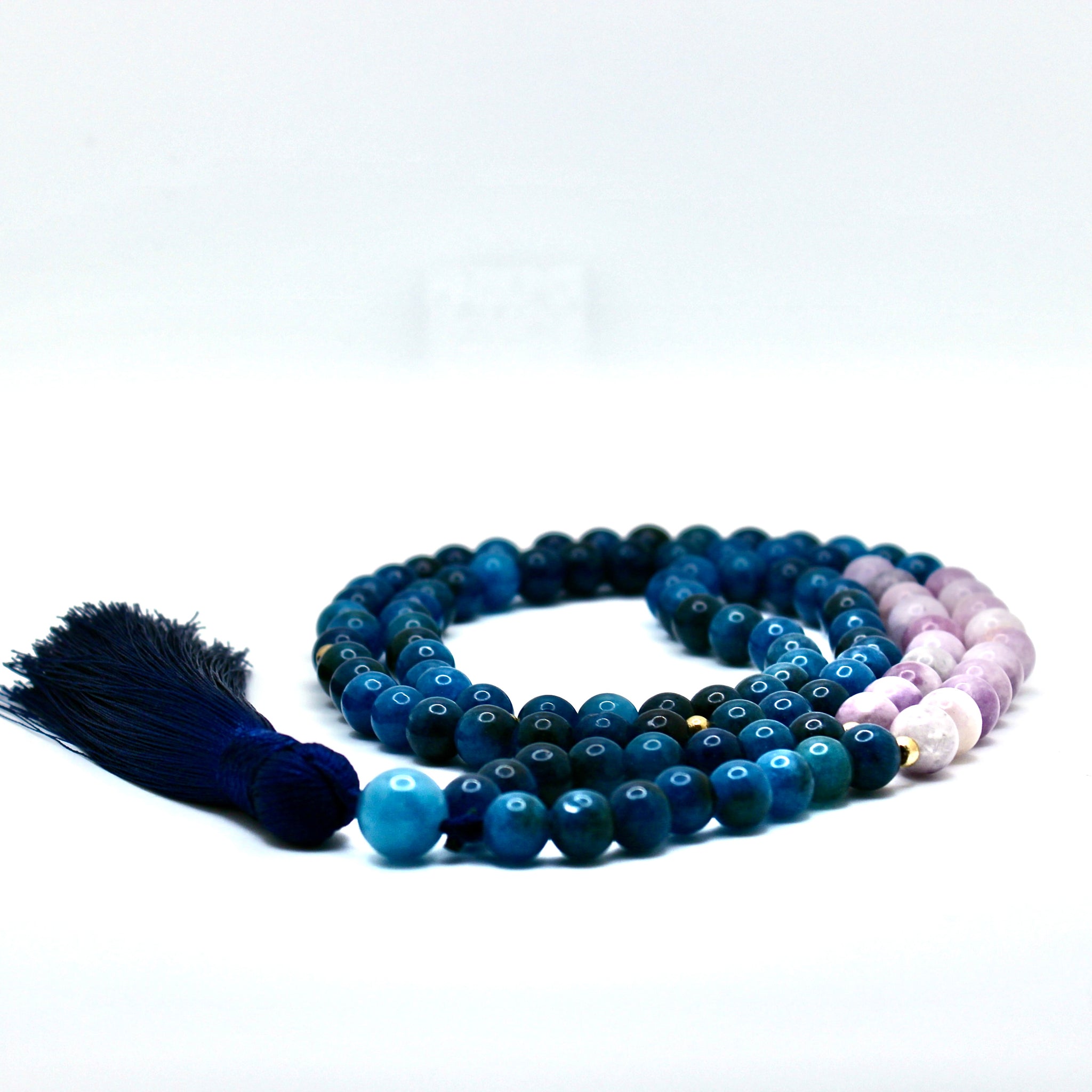 108 Natural Gemstone High Quality Blue Apatite Purple Mica Mala Necklace with Blue Silk Tassel