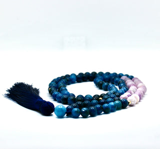 108 Natural Gemstone High Quality Blue Apatite Purple Mica Mala Necklace with Blue Silk Tassel - Nolaj Blu