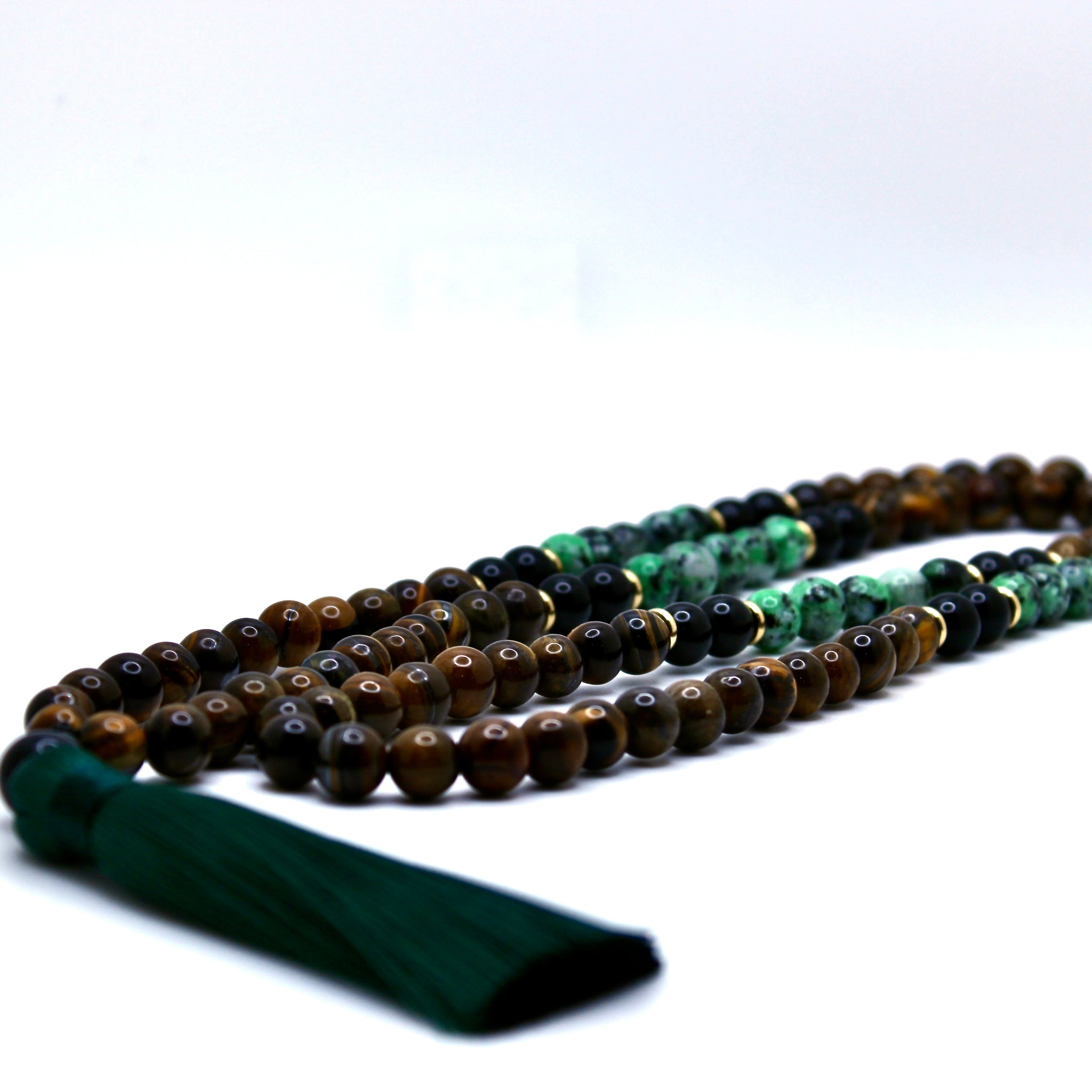 108 Natural Gemstone Yellow Tiger Eye Turquoise Onyx Mala Necklace with Green Silk Tassel