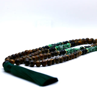 108 Natural Gemstone Yellow Tiger Eye Turquoise Onyx Mala Necklace with Green Silk Tassel - Nolaj Blu