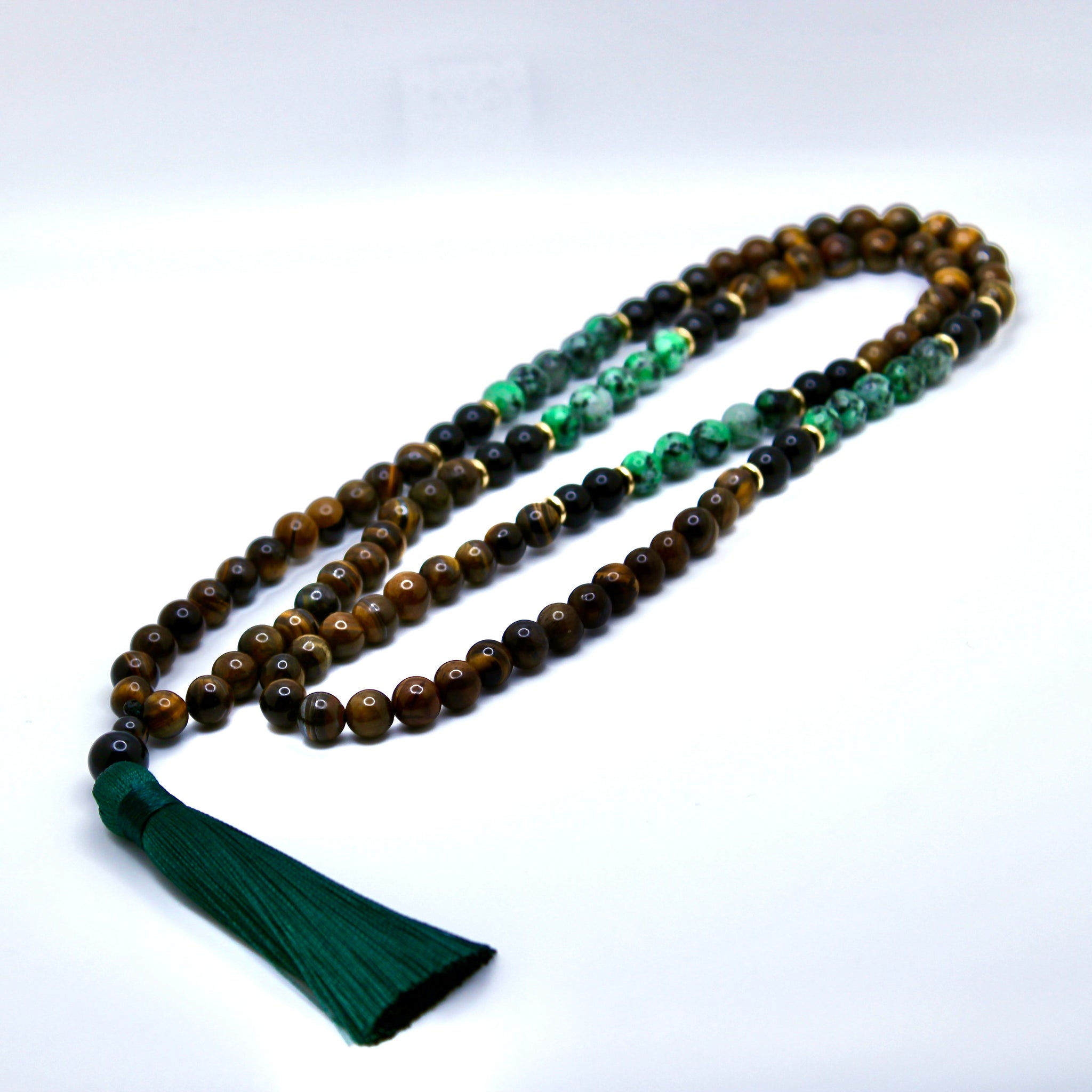 108 Natural Gemstone Yellow Tiger Eye Turquoise Onyx Mala Necklace with Green Silk Tassel - Nolaj Blu