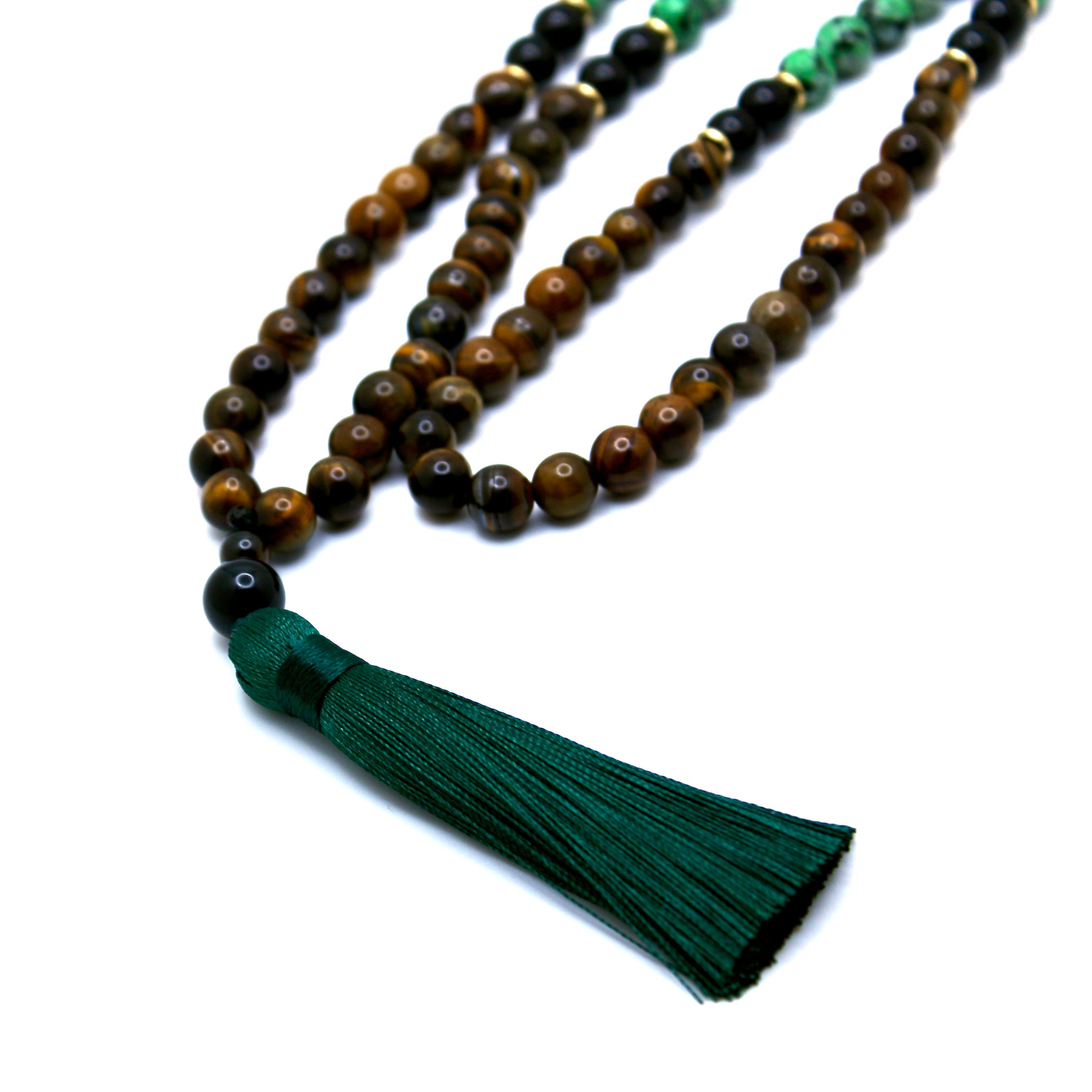 108 Natural Gemstone Yellow Tiger Eye Turquoise Onyx Mala Necklace with Green Silk Tassel - Nolaj Blu