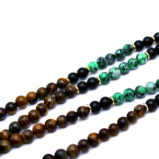 108 Natural Gemstone Yellow Tiger Eye Turquoise Onyx Mala Necklace with Green Silk Tassel - Nolaj Blu