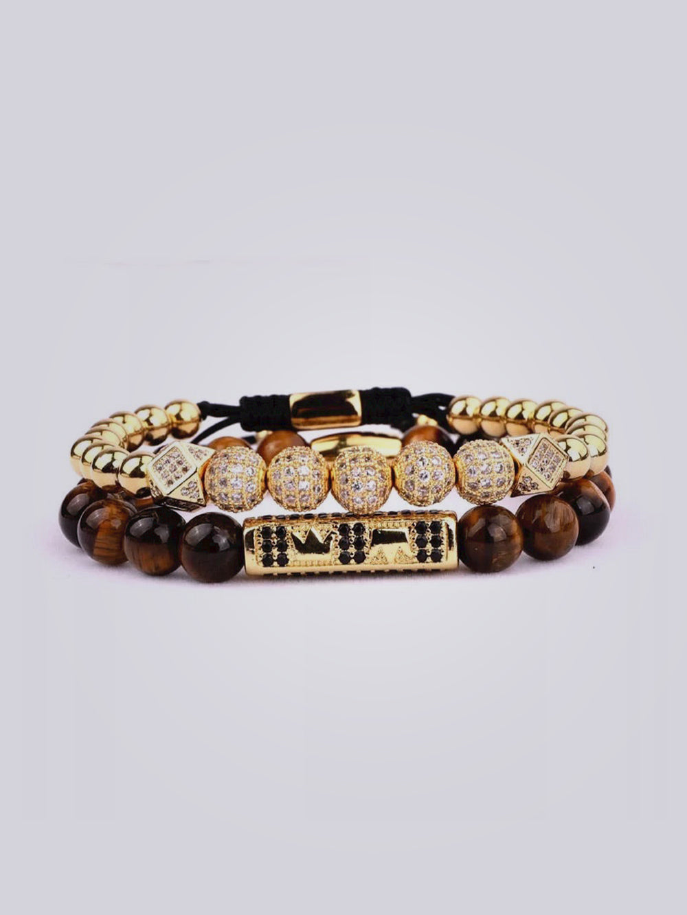 Brown Tiger Eye & Crown Gold Bracelet Set