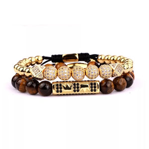 Brown Tiger Eye & Crown Gold Bracelet Set